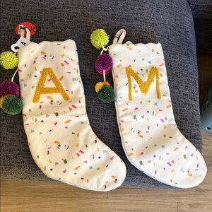 2 White Stockings with Colorful Confetti and Letters LETTER A LETTER M